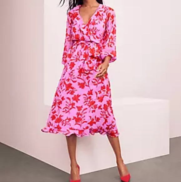 ANN TAYLOR Floral Ruffle Holiday Midi Dress - Picture 3 of 4
